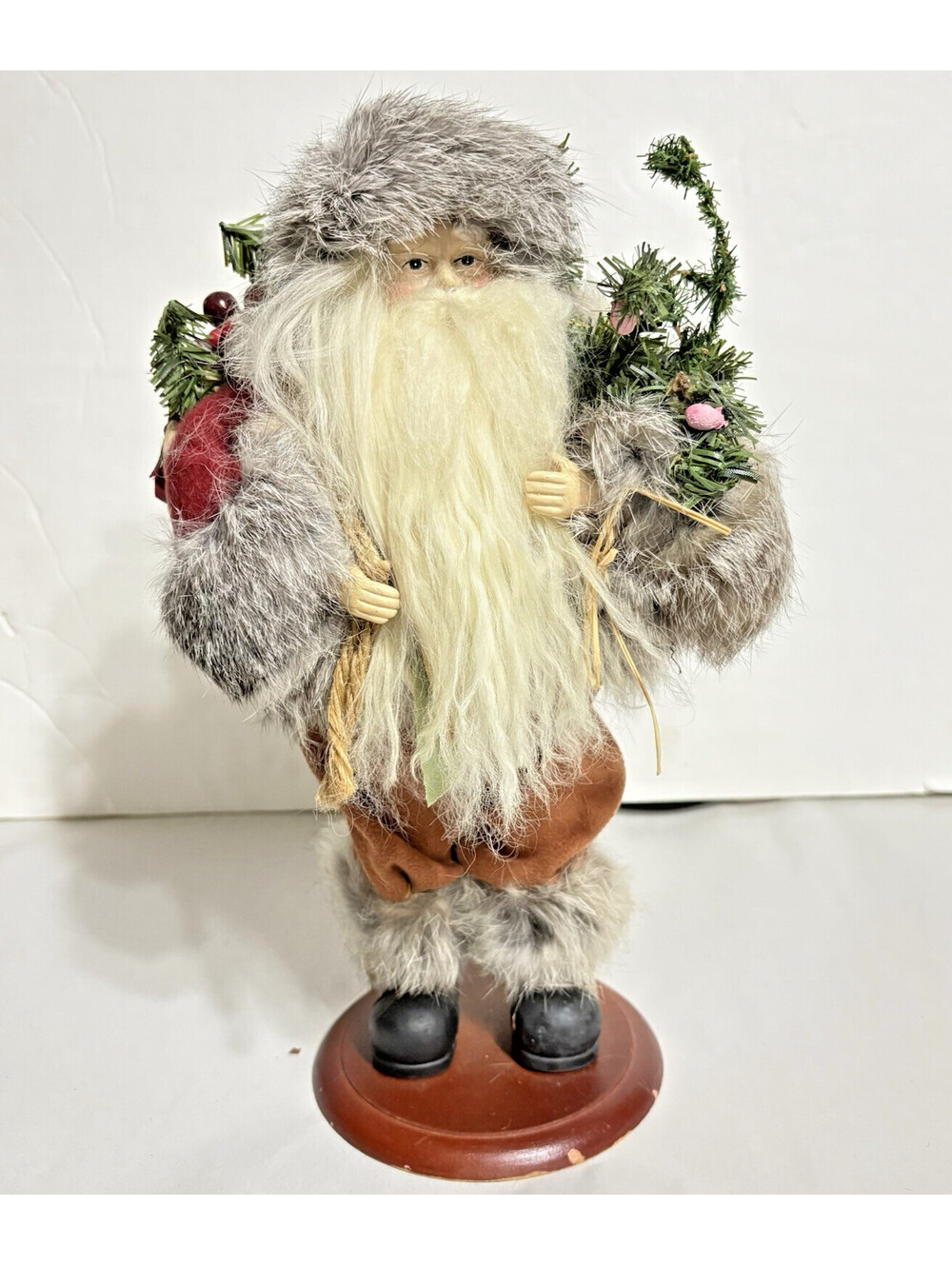 Rustic Woodland Old World Santa Claus Figure Real Fur Wood Base 11” Tall Pine